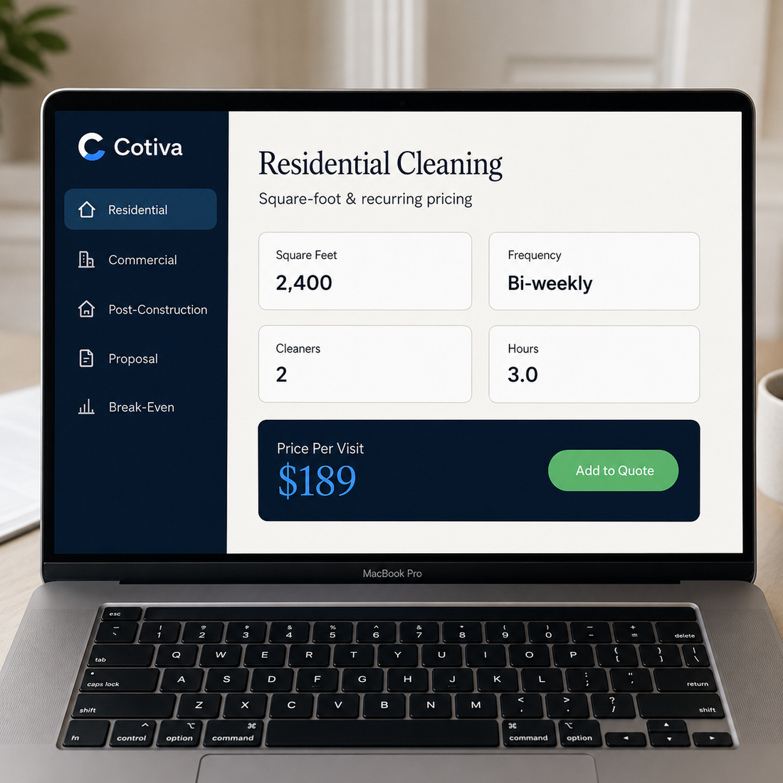 Cotiva pricing app on a laptop